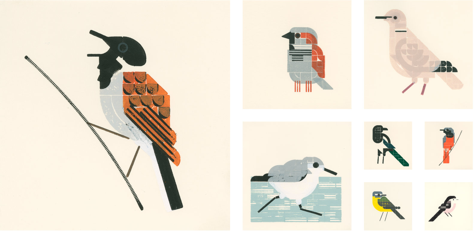 Vierkante vogelprenten in een liggende rechthoek gearrangeerd.